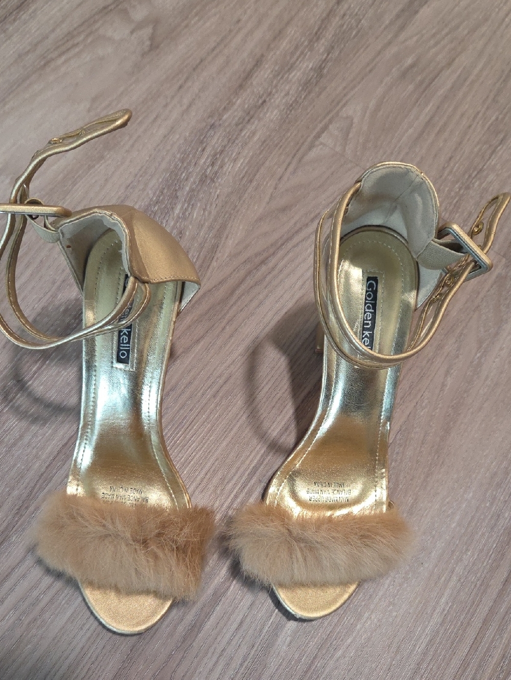 New- Gold Fur-Trim Ankle Strap Sandals